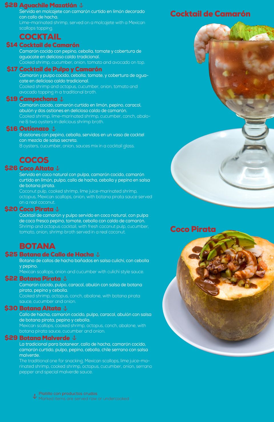 El Coco Pirata Cold Dishes Menu | Mariscos | Denver, CO