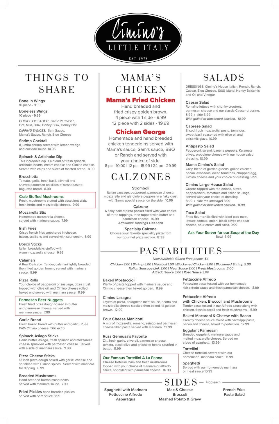 Cimino's Little Italy Main Menu | Freeport, IL