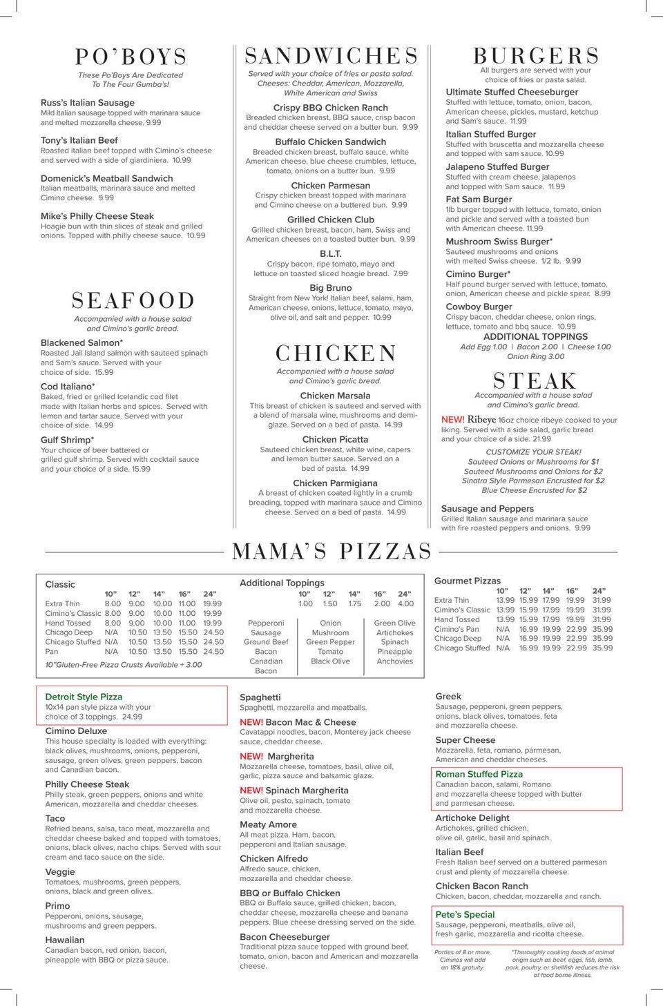 Cimino's Little Italy Main Menu | Freeport, IL