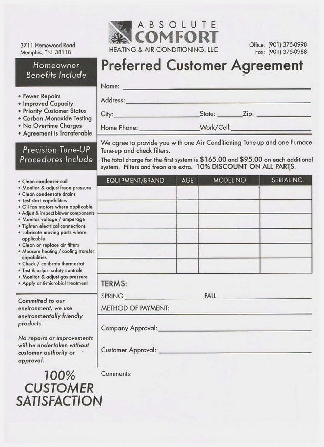 Absolute Comfort Heating & Air Conditioning LLC Maintenance Program Memphis