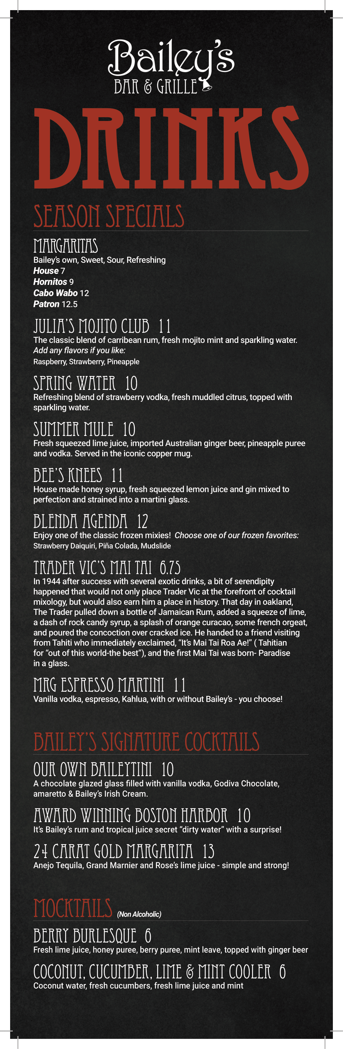 Bailey's Bar & Grille Menu Townsend, MA