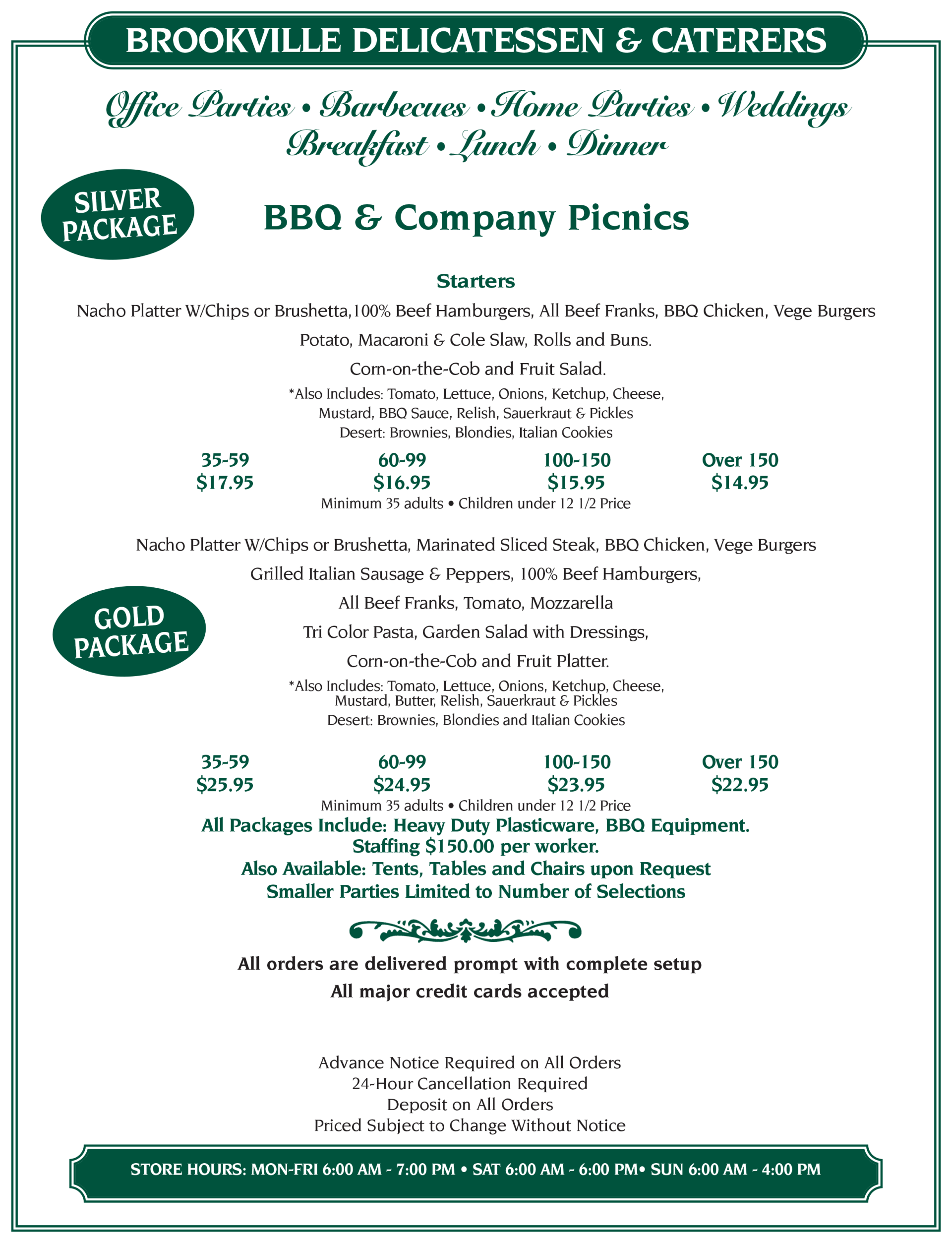 Brookville Deli & Caterers Catering Menu Glen Head, NY