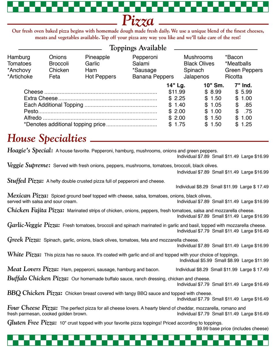 Hoagie's Pizza & Pasta Menu I Essex, VT