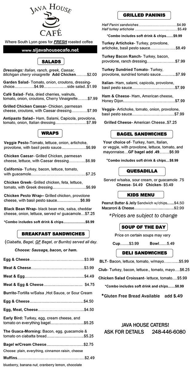 Java House Caf Menu South Lyon MI Coffee House Java house caf menu south lyon mi coffee house