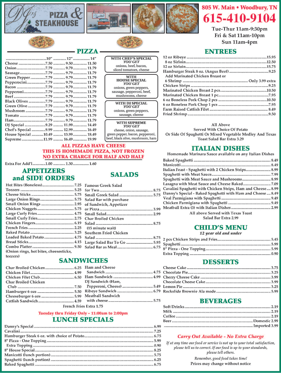 Djs Pizza And Steak House Menu Woodbury Tn Murfreesboro Tn