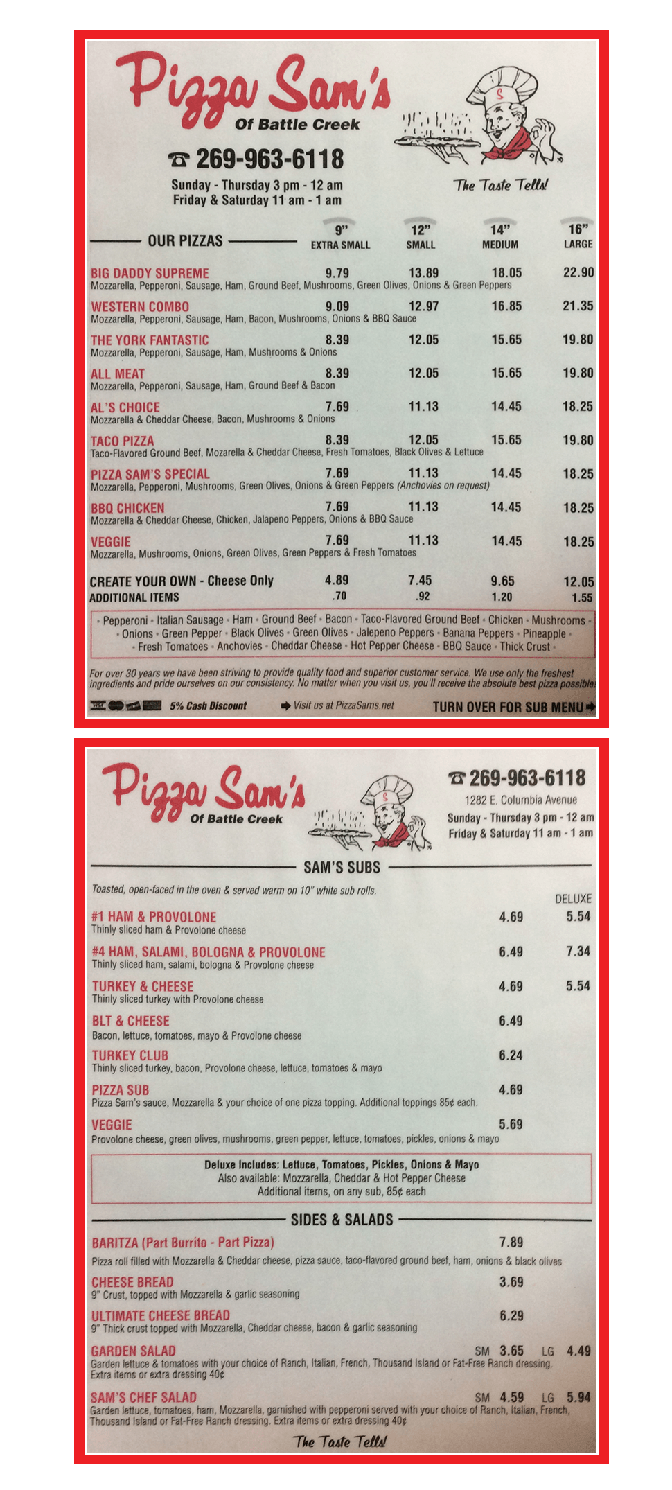 Pizza Sam's Menu Battle Creek, MI